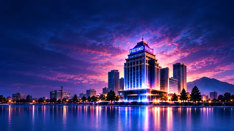 The Pacific Southwest Building lit up at dusk in Downtown Fresno
