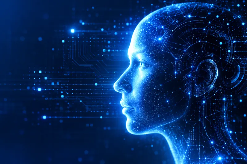 Digital illustration of an AI profile made of light