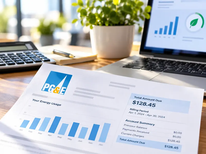 An energy bill on a desk beside a calculator and a laptop showing energy-use charts