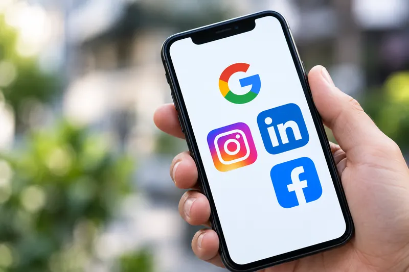 Phone showing Google, LinkedIn, Instagram and Facebook icons